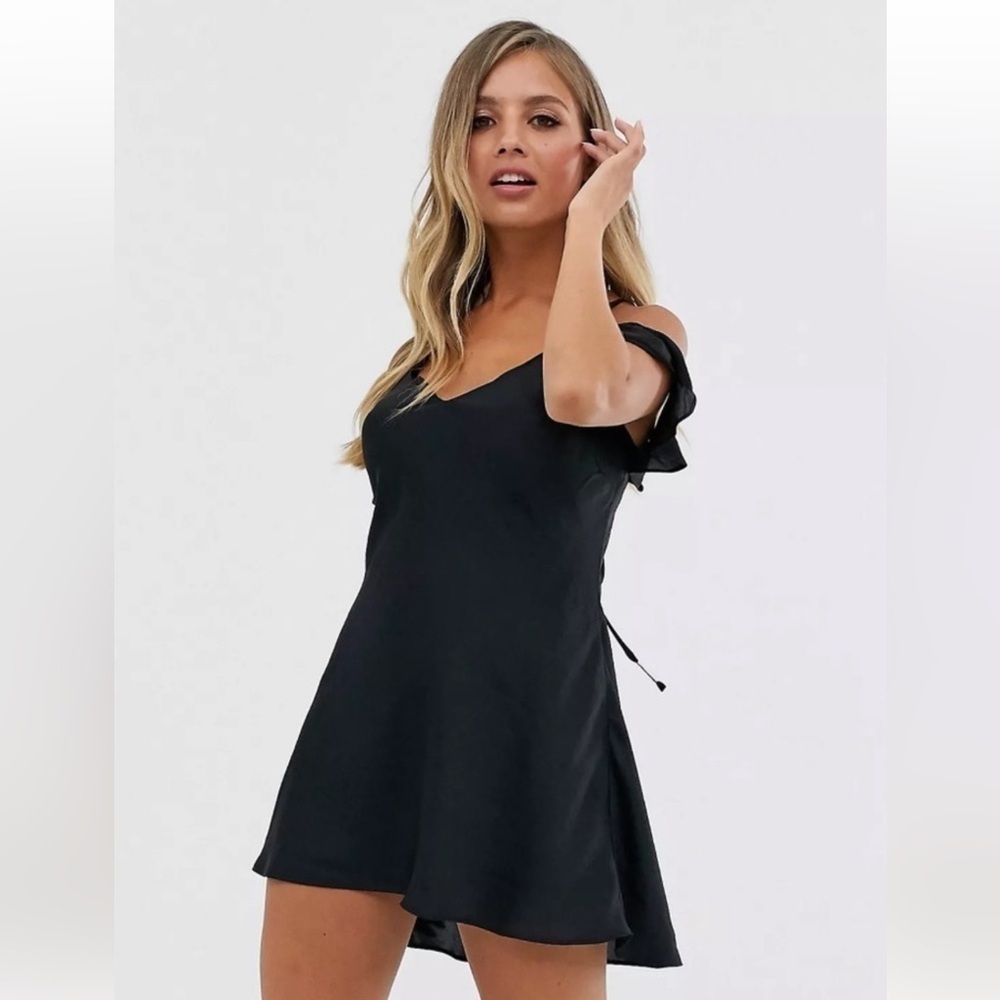 Free People Black Satin Ruffled Mini Dress Size Large L